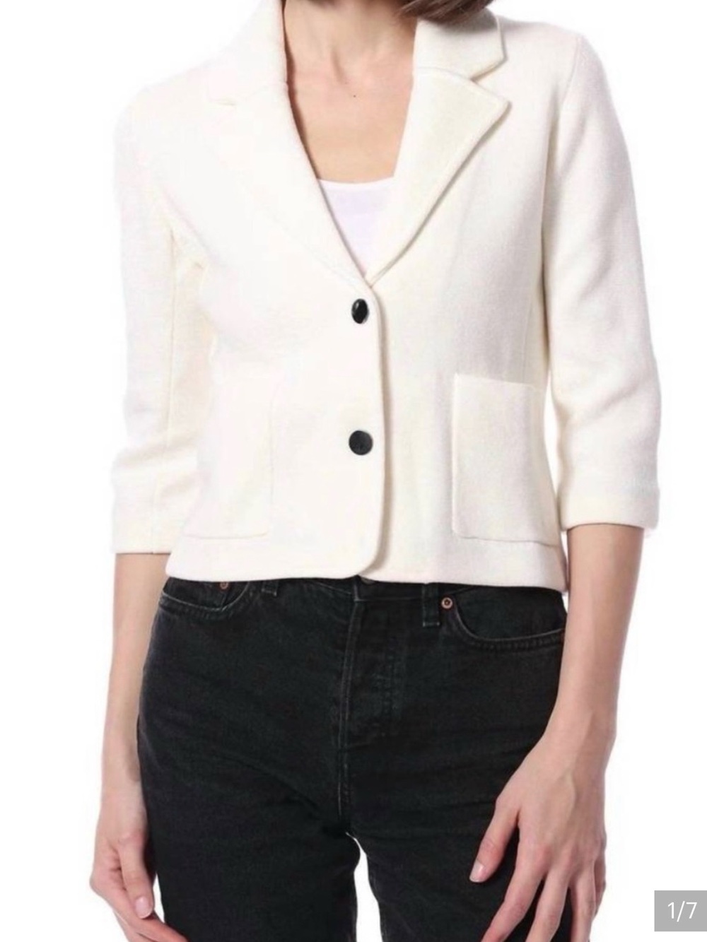 Minnie Rose Womens Cream Cropped Two-Button Blazer Jacket size small